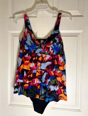 Bal Harbour Multi-Color Floral Triple Tier Fauxkini One-Piece Swimsuit Size 14